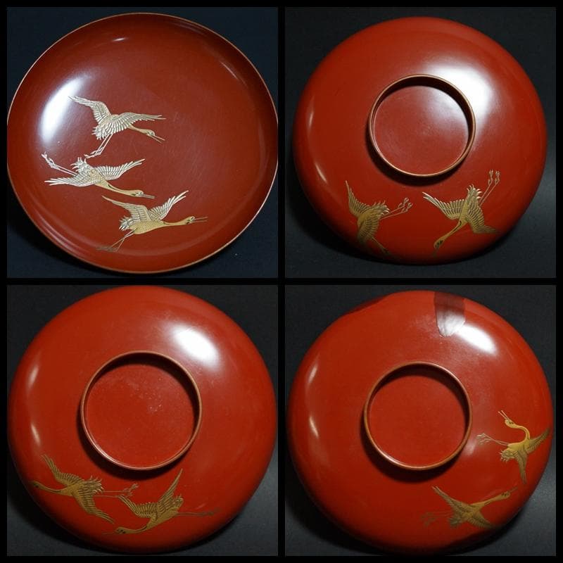 明治期 輪島塗 極上 金蒔絵『飛鶴』 盃台/三ツ組盃 揃 木製漆塗り 箱付