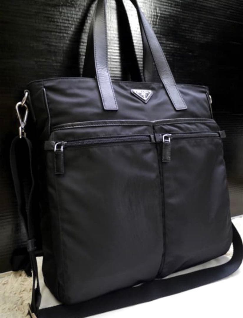 美品◆PRADAプラダ A4対応ノートPC可 ナイロンxレザー 2way バッグ