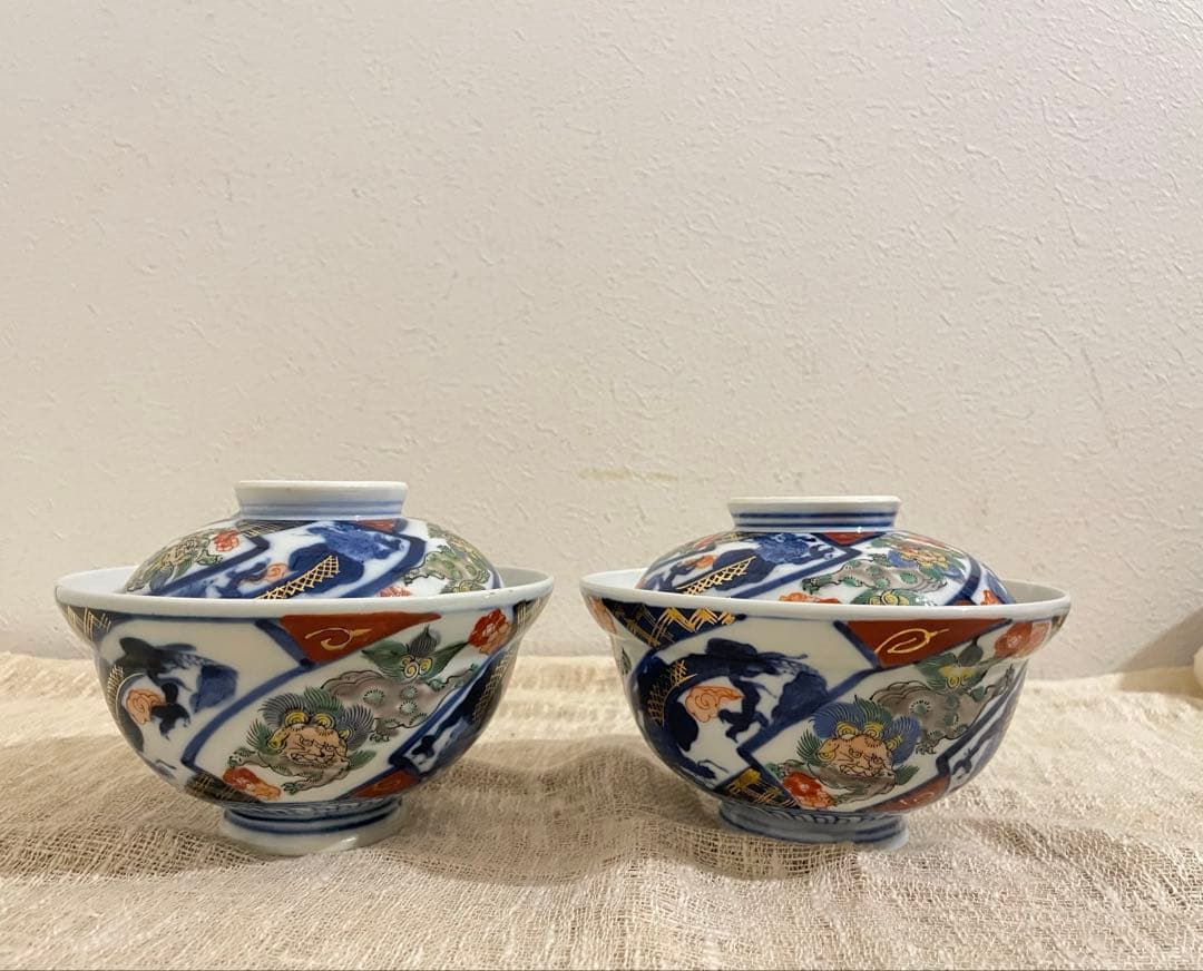 ☆ 古伊万里 色絵金彩 月弓 銘有 蓋茶椀 2客 骨董 古美術 古道具