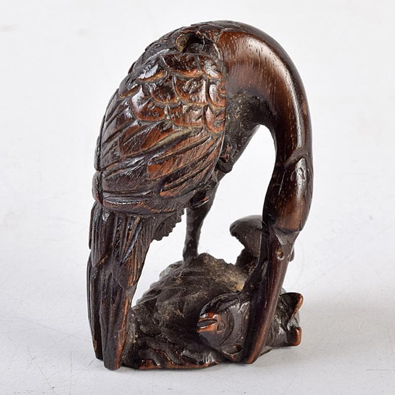 時代提げ物　唐木紫檀彫刻　鶴魚　置物　根付　C　R9308