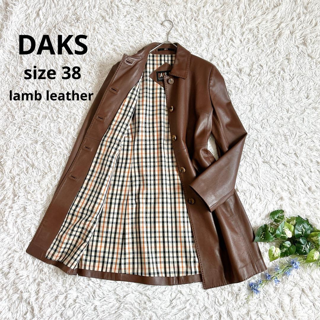 美品⁂ダックス⁂リアルレザーミドル丈コート　ラムレザー　ハウスチェック　茶色　M