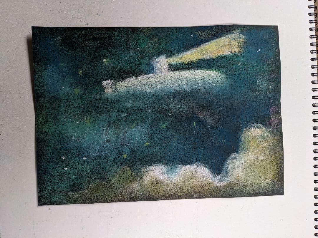 抽象的なパステル画 A4サイズ空の潜水艦 白い背景に黄色と青の潜水艦と舷窓。水中探査のコンセプト。ベクター