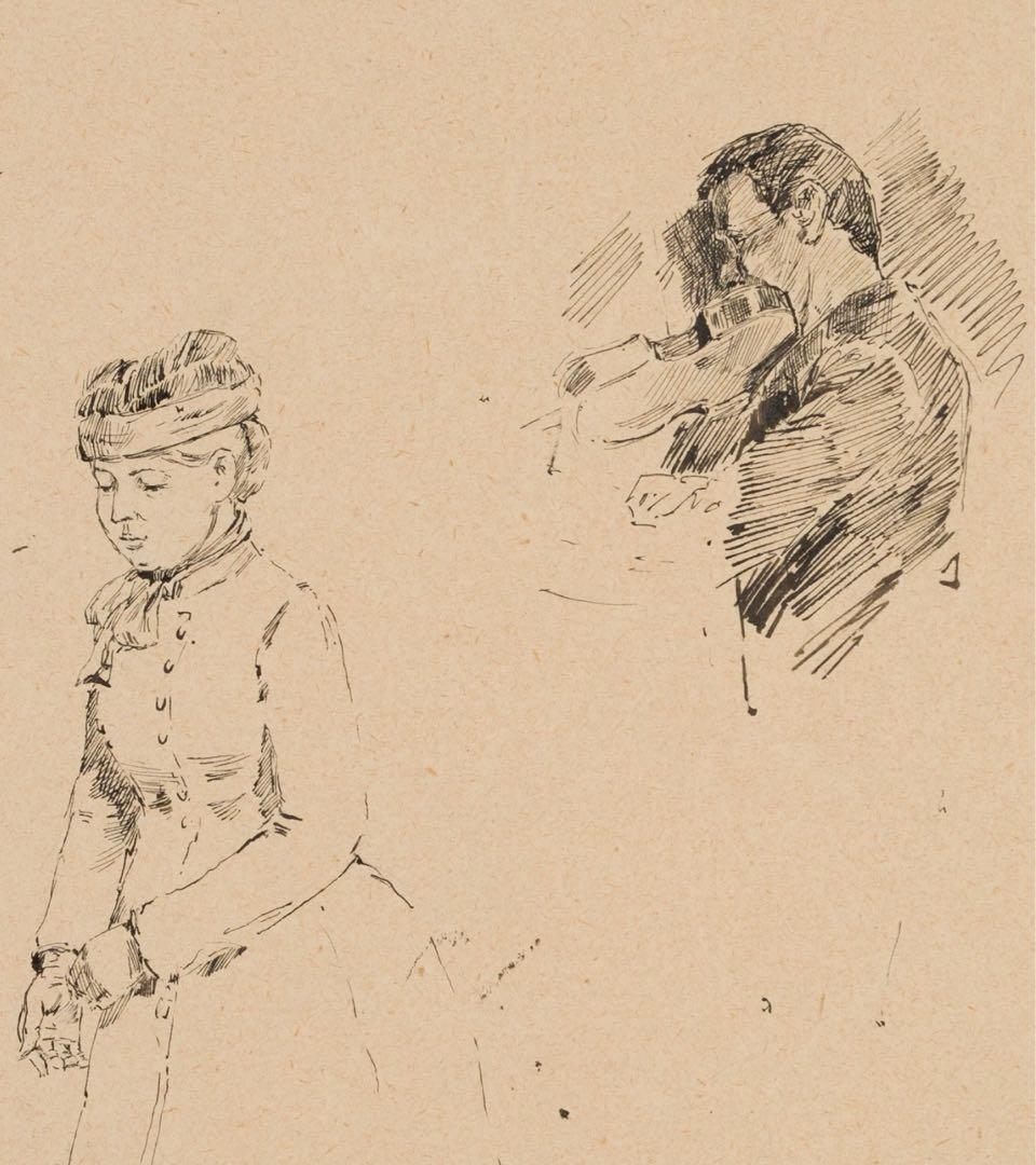 19世紀ロマン主義 アンティーク風ペン画｜貴婦人とバイオリン奏者 G.ズュス