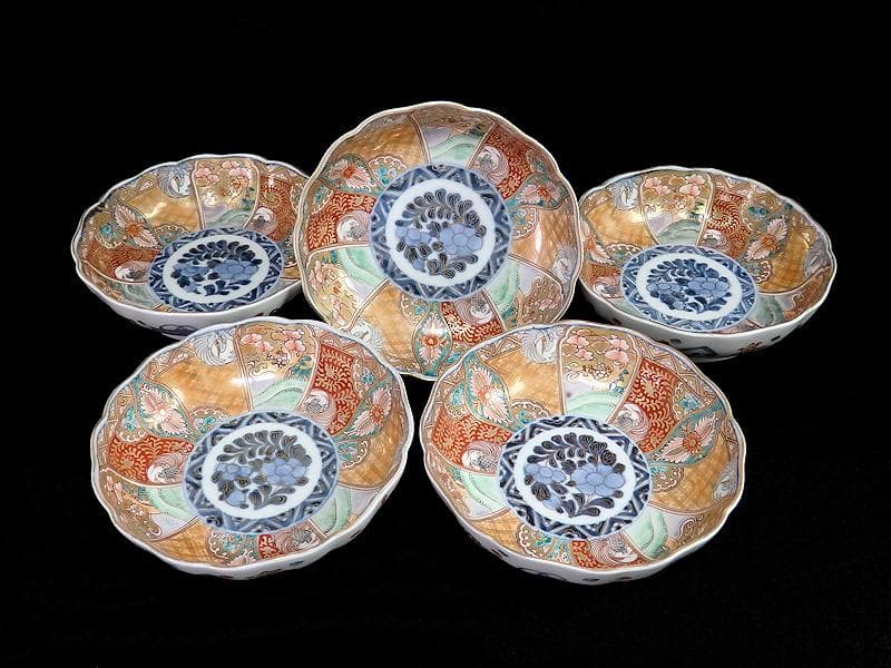 古伊万里　金襴手　松竹梅に鶴亀の図　膾皿　５客　D942AS-BNu