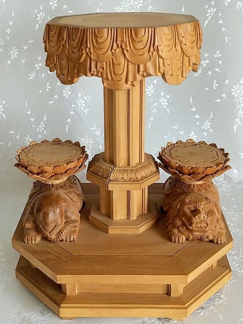 八角三尊台座　釈迦三尊用 獅子・象付き ◆白檀 木彫 仏像付属品