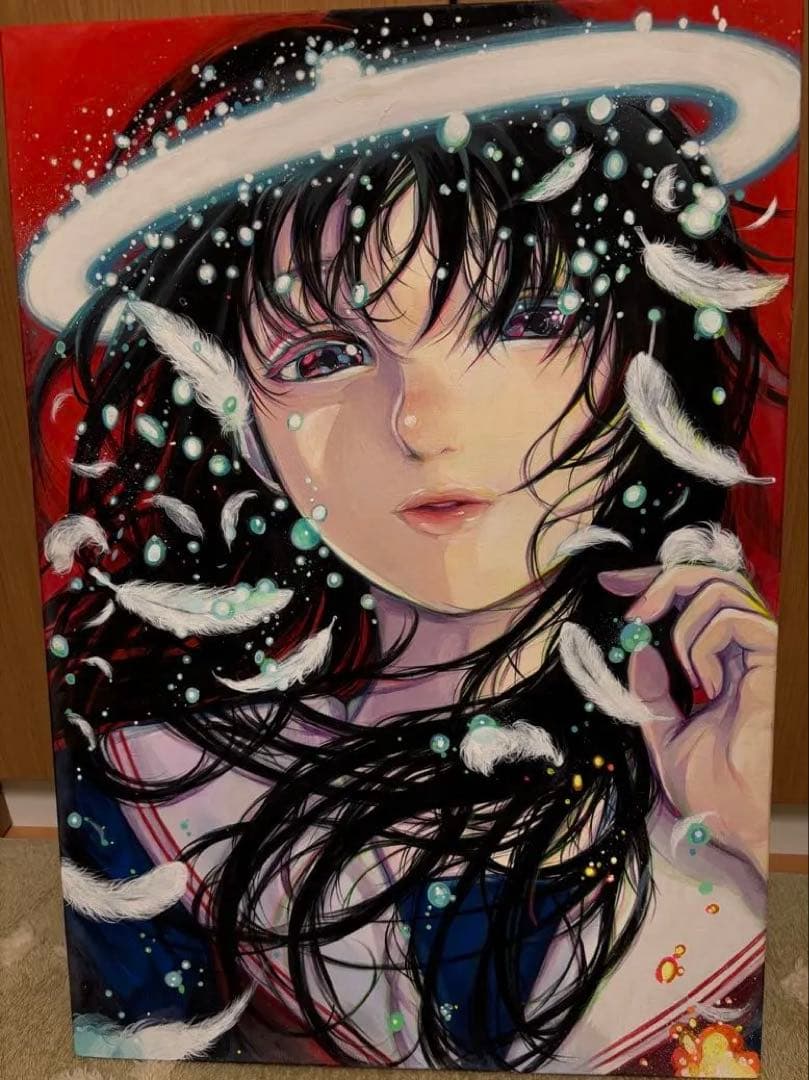 「羽根がある日」TATSUMI 幻想的な女性像 アクリル画