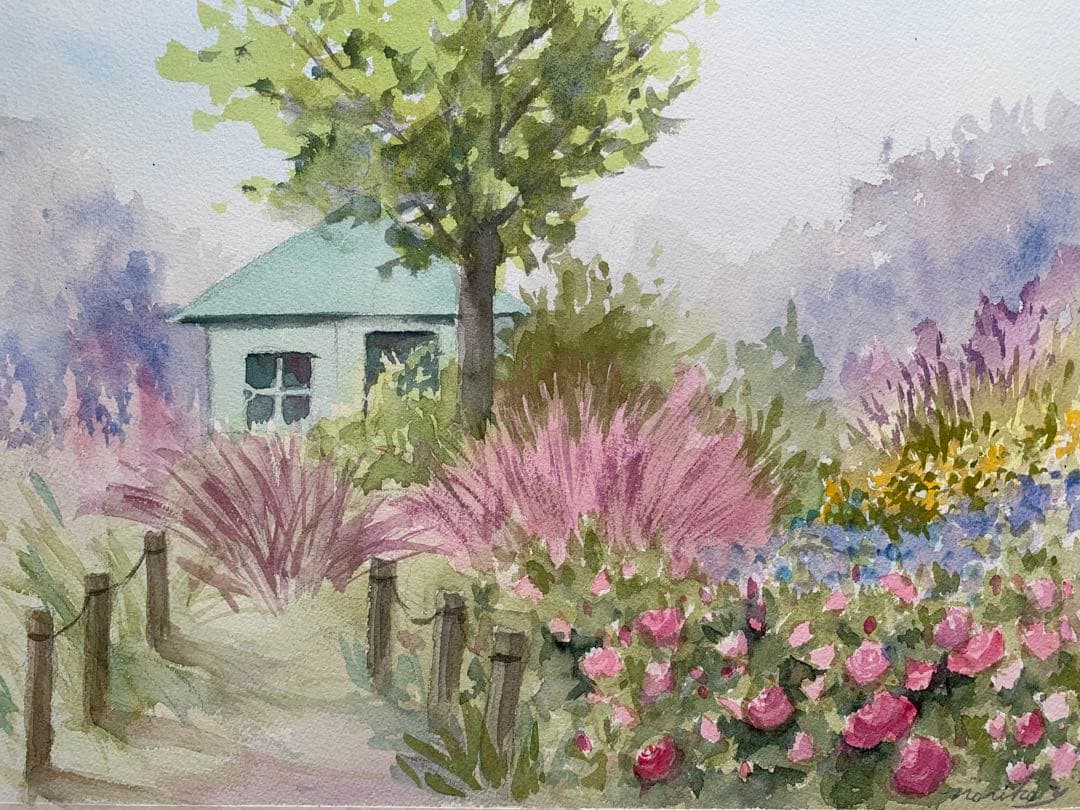 透明水彩画原画癒しのパステルカラーのイングリッシュガーデン バラクライングリッシュガーデンにて、青木美和師匠の個展&スケッチ