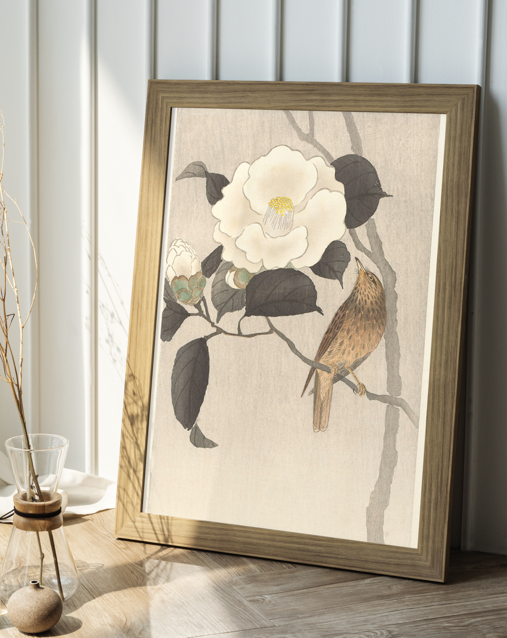 NO.319】白椿の花鳥図日本画アートポスター和柄☆鳥ボタニカル植物