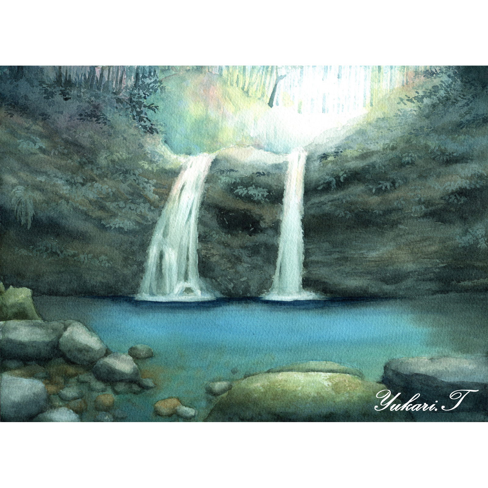 原画】森の中の滝（水彩画/額無し）☆神秘 水 滝 湖 風景画 絵画