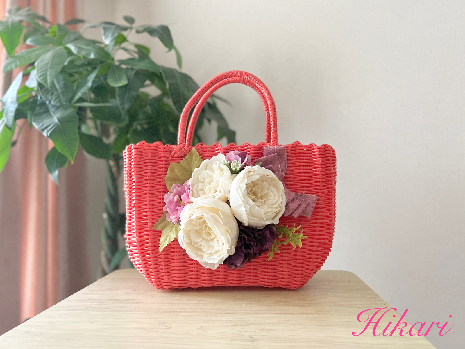 華やかお花のフラワーカゴバッグ（Mサイズ）〜オレンジ - サロンド