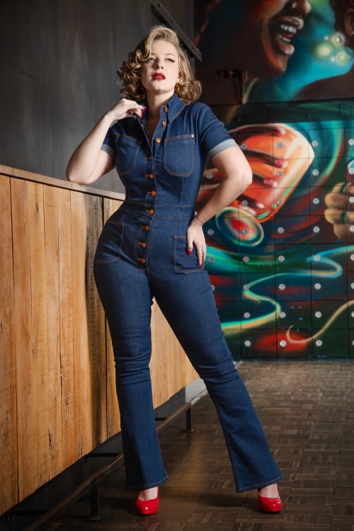 Rock-a-Booty 50s Gloria Lee Jumpsuit in Denim Blue | Topvintage