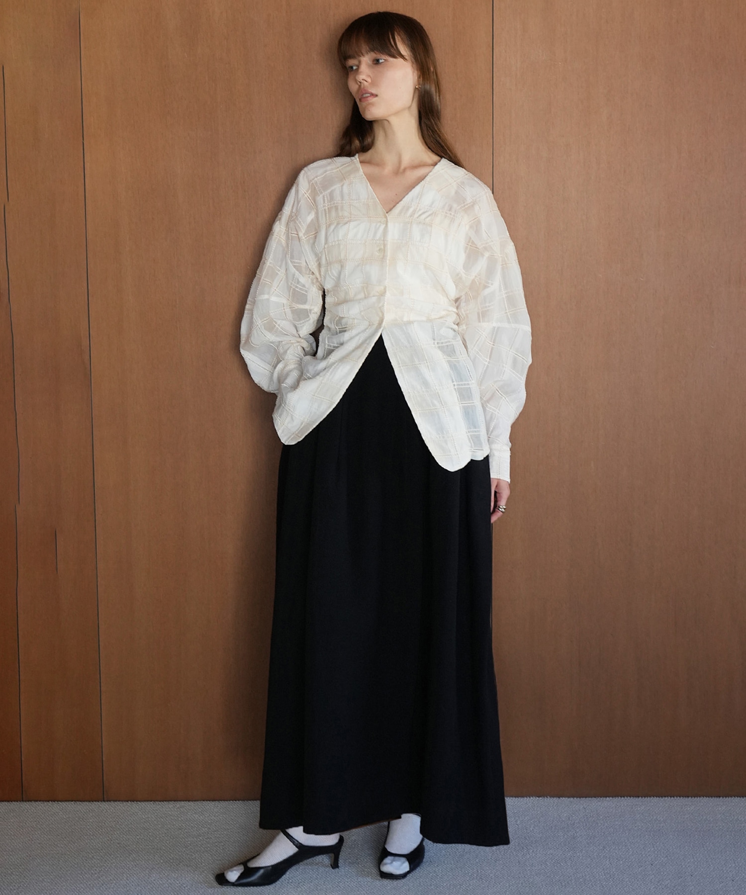 SHEER CHECK TUCK WAIST BLOUSE(1 IVORY): CLANE: WOMENS｜ STUDIOUS